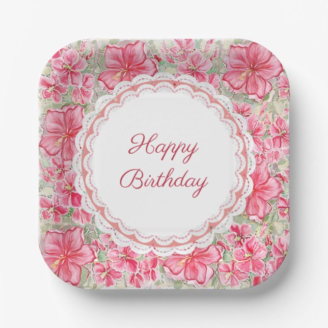 Hibiscus & lace RED Paper Plate (Front)