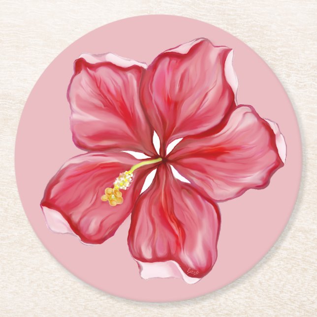 Hibiscus & lace RED Round Paper Coaster (Front)