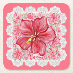 Hibiscus & lace RED Square Paper Coaster