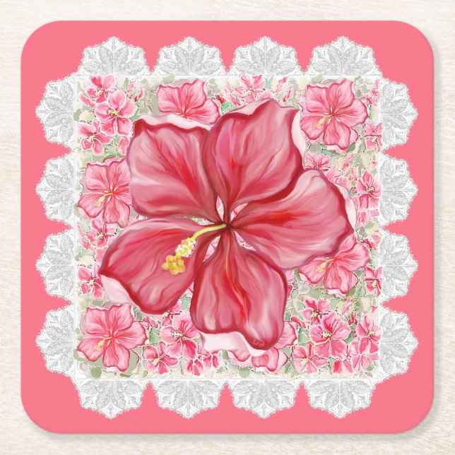 Hibiscus & lace RED Square Paper Coaster (Front)
