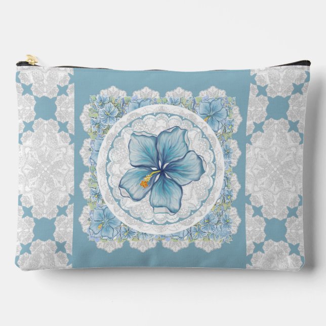 Hibiscus & lace TURQUOISE Accessory Pouch (Front)
