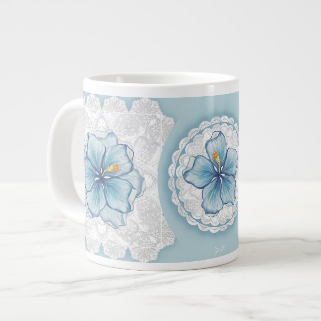 Hibiscus & lace TURQUOISE Large Coffee Mug (Front Left)