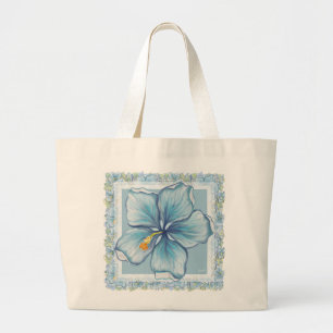 Hibiscus & lace TURQUOISE Large Tote Bag