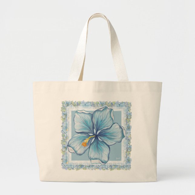 Hibiscus & lace TURQUOISE Large Tote Bag (Front)