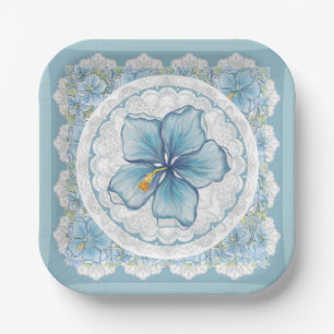 Hibiscus & lace TURQUOISE Paper Plate
