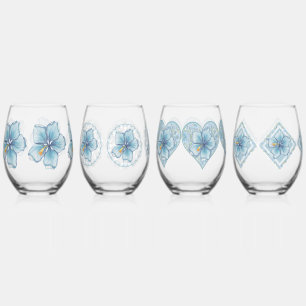 Hibiscus & lace TURQUOISE Stemless Wine Glass