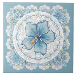 Hibiscus & lace TURQUOISE Tile