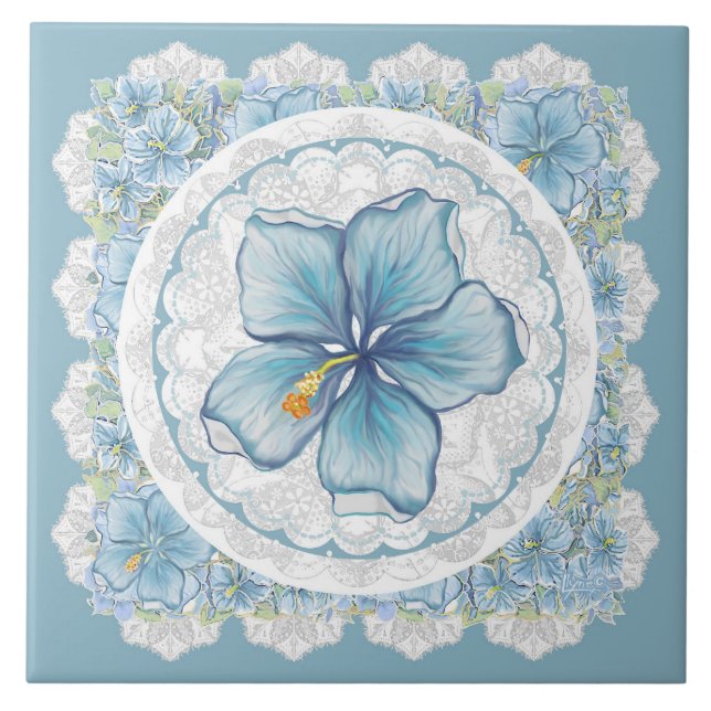 Hibiscus & lace TURQUOISE Tile (Front)