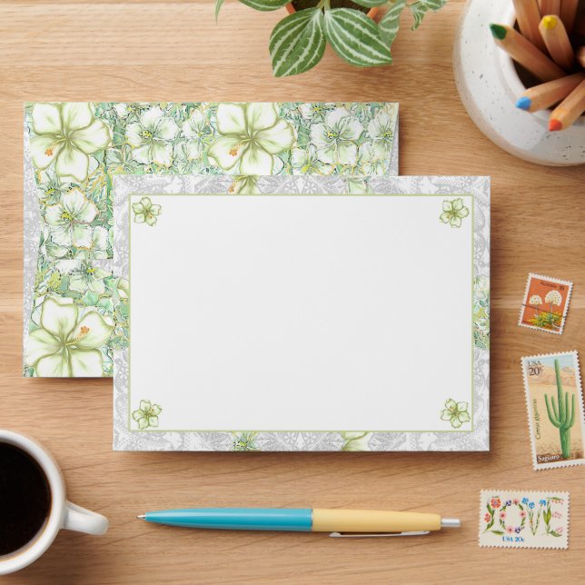 Hibiscus & lace WHITE Envelope (Desk)