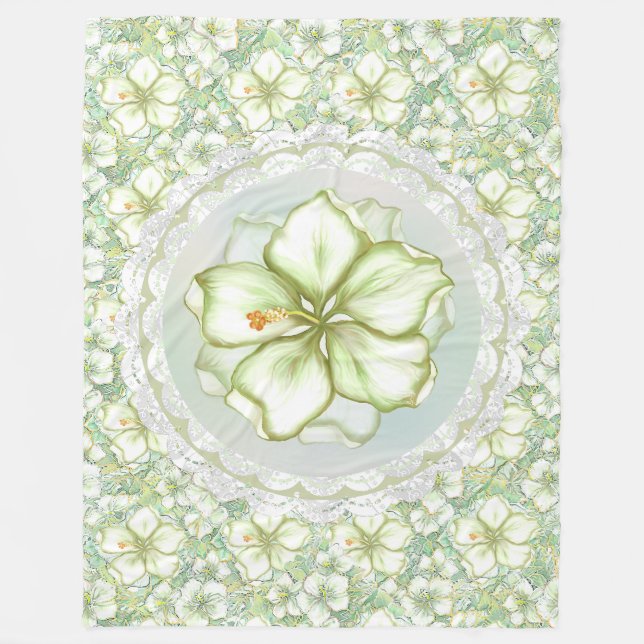 Hibiscus & lace WHITE Fleece Blanket (Front)