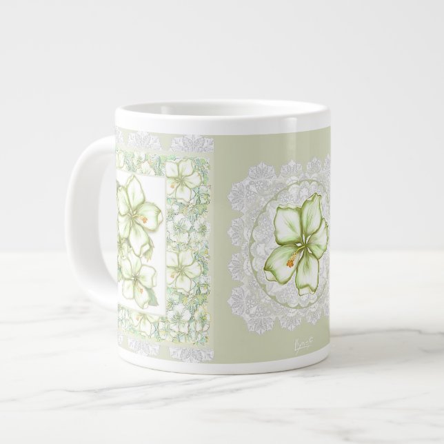 Hibiscus & lace WHITE Large Coffee Mug (Front Left)