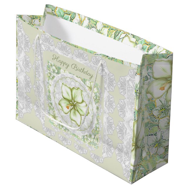 Hibiscus & lace WHITE Large Gift Bag (Front Angled)
