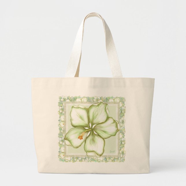 Hibiscus & lace WHITE Large Tote Bag (Front)