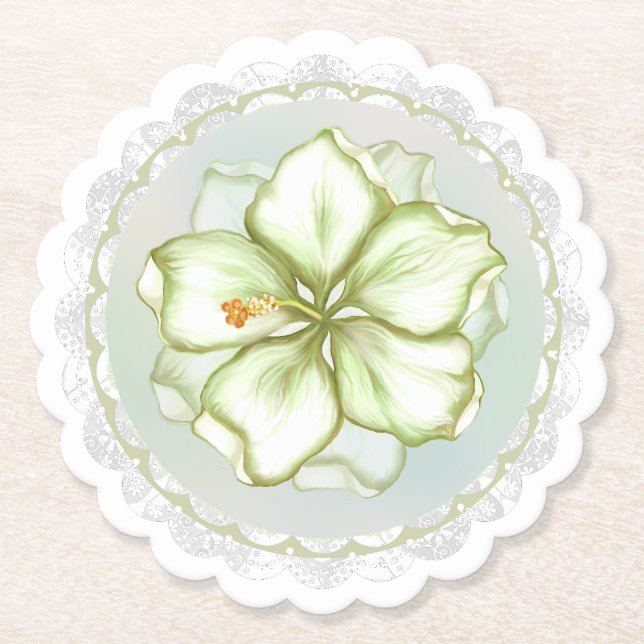 Hibiscus & lace WHITE Paper Coaster (Front)