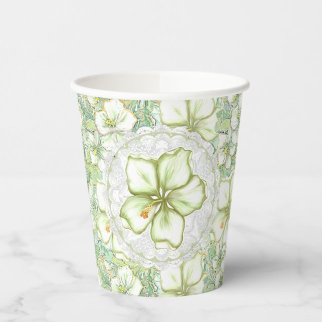 Hibiscus & lace WHITE Paper Cups (Left)