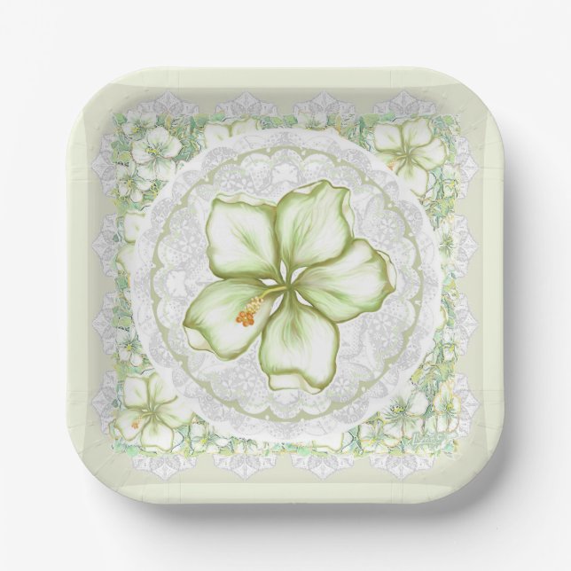 Hibiscus & lace WHITE Paper Plate (Front)