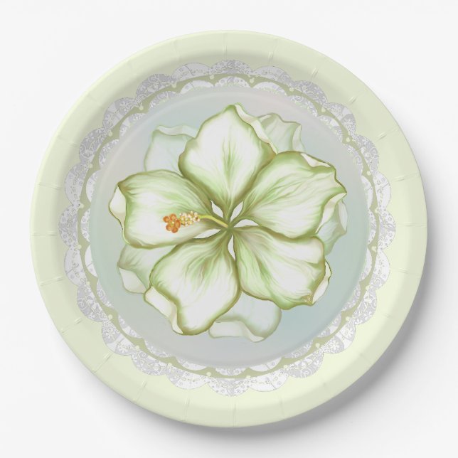 Hibiscus & lace WHITE Paper Plate (Front)
