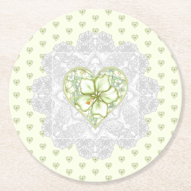 Hibiscus & lace WHITE Round Paper Coaster (Front)