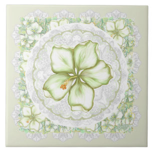 Hibiscus & lace WHITE Tile