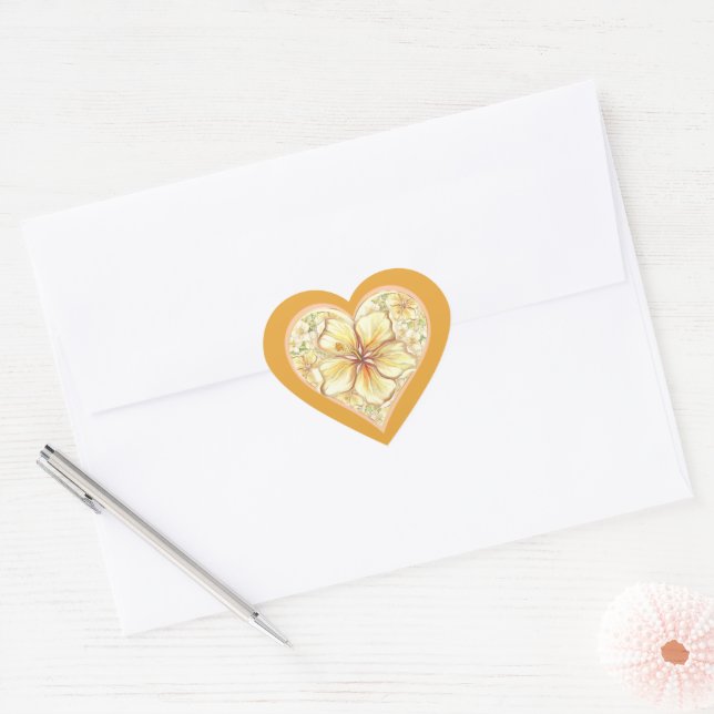 Hibiscus & lace YELLOW Heart Sticker (Envelope)