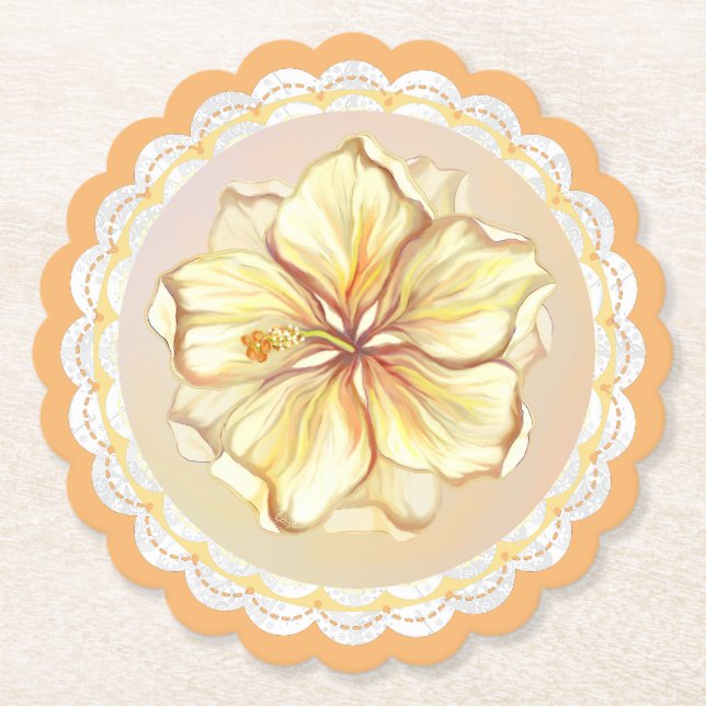 Hibiscus & lace YELLOW Paper Coaster (Front)