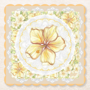 Hibiscus & lace YELLOW Paper Coaster