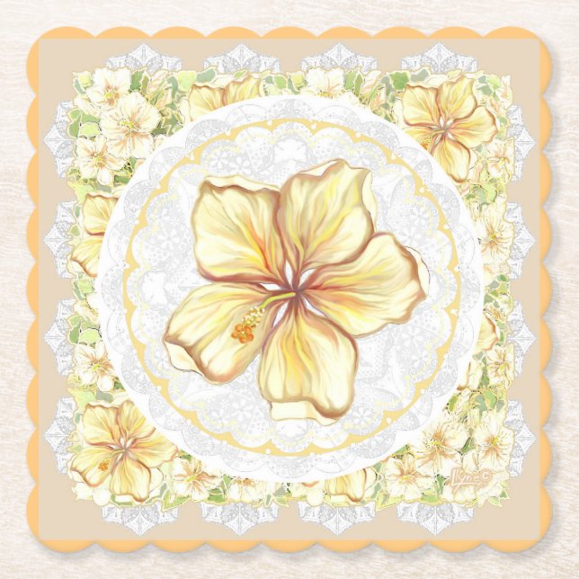 Hibiscus & lace YELLOW Paper Coaster (Front)