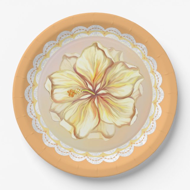 Hibiscus & lace YELLOW Paper Plate (Front)