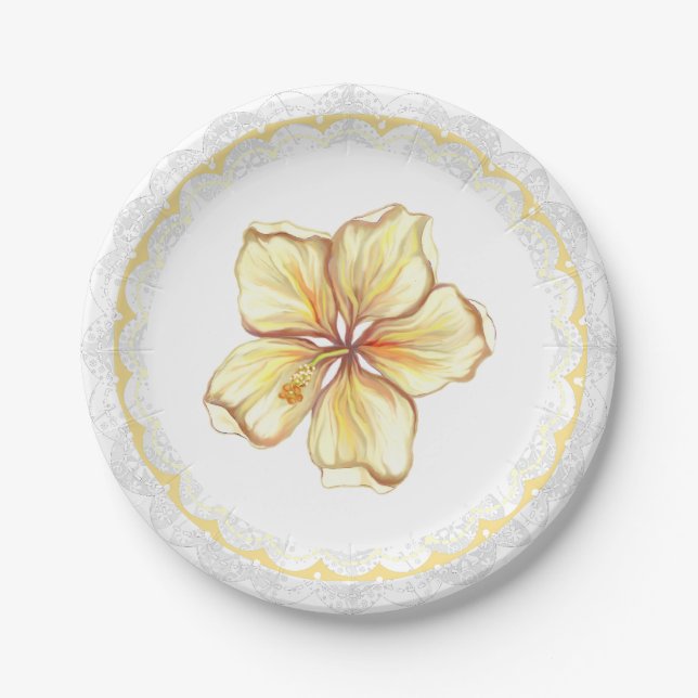 Hibiscus & lace YELLOW Paper Plate (Front)