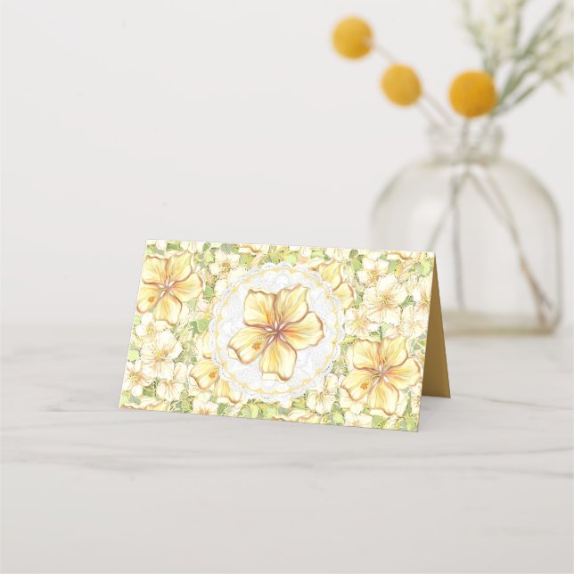 Hibiscus & lace YELLOW Place Card (Back)