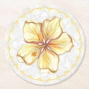 Hibiscus & lace YELLOW Round Paper Coaster