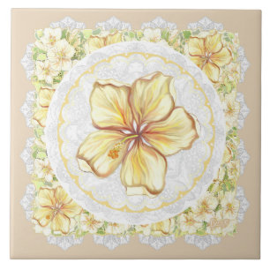 Hibiscus & lace YELLOW Tile