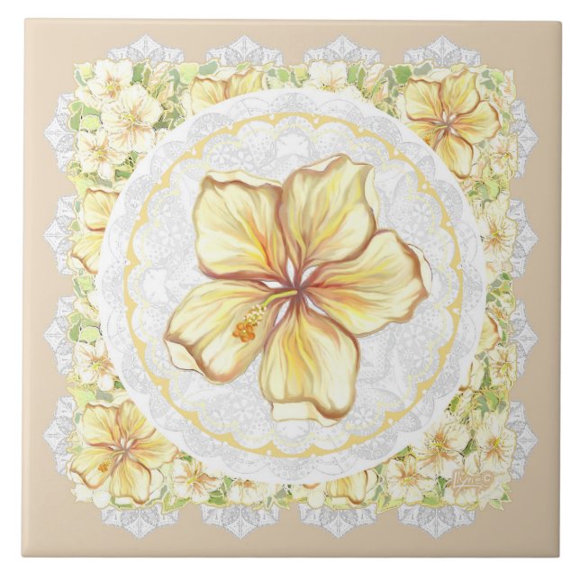 Hibiscus & lace YELLOW Tile (Front)