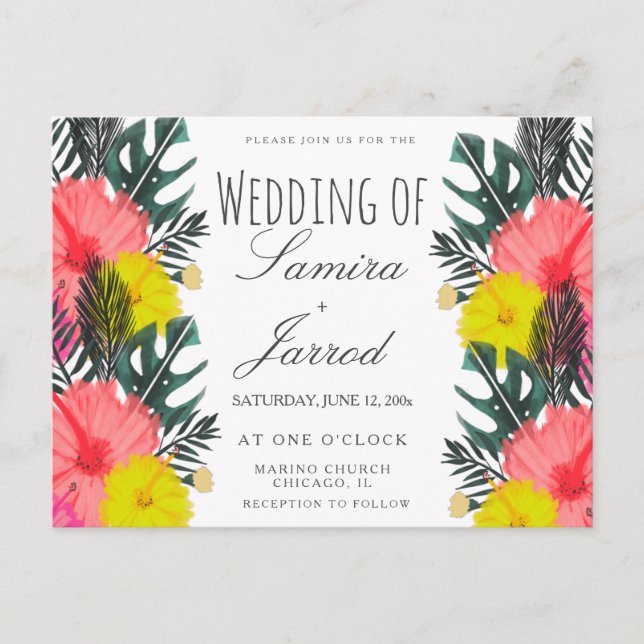 Hibiscus Leaf Hand-Drawn Floral Tropical Wedding Postcard (Front)