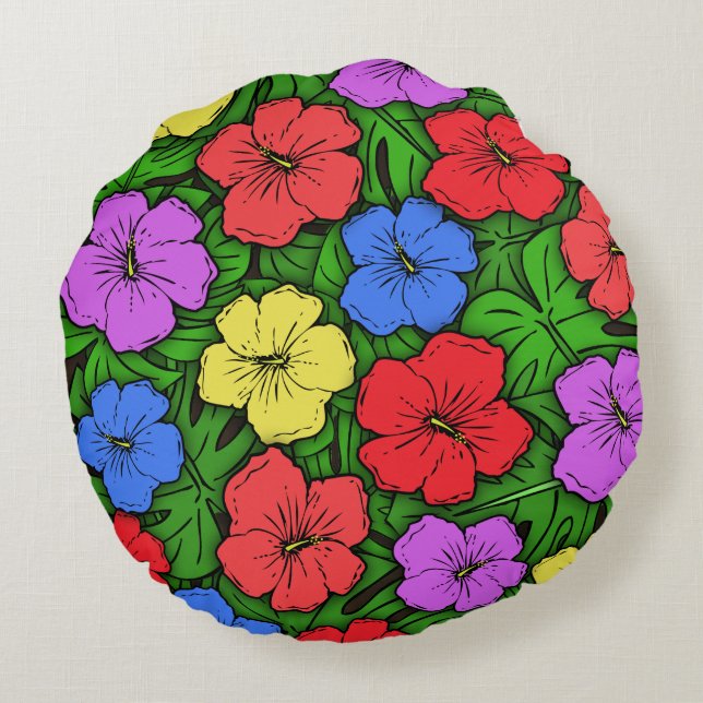 Hibiscus & Monstera #4 Round Cushion (Back)