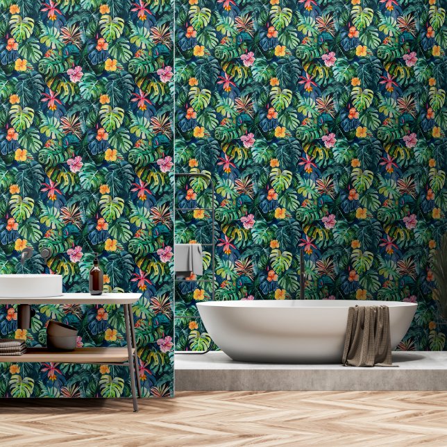 Hibiscus Monstera Jungle  Wallpaper (Bathroom)