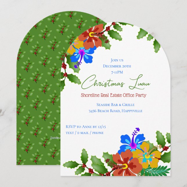 Hibiscus n Holly Christmas Office Party Invitation (Front/Back)