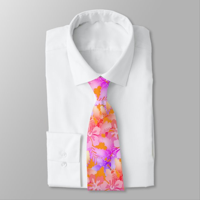 Hibiscus n Holly Unisex Hawaiian Print Tie (Tied)