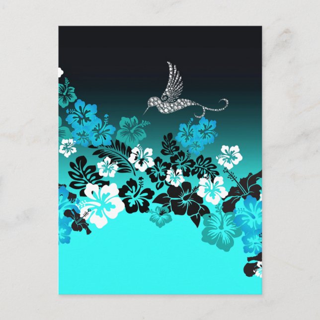 Hibiscus on Turquoise with Hummingbird Postcard (Front)