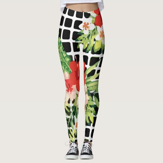 Hibiscus Palm Leaves Tropical Pattern Leggings (Front)