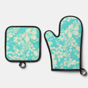 Hibiscus Pareau Distressed Hawaiian Aqua Oven Mitt & Pot Holder Set