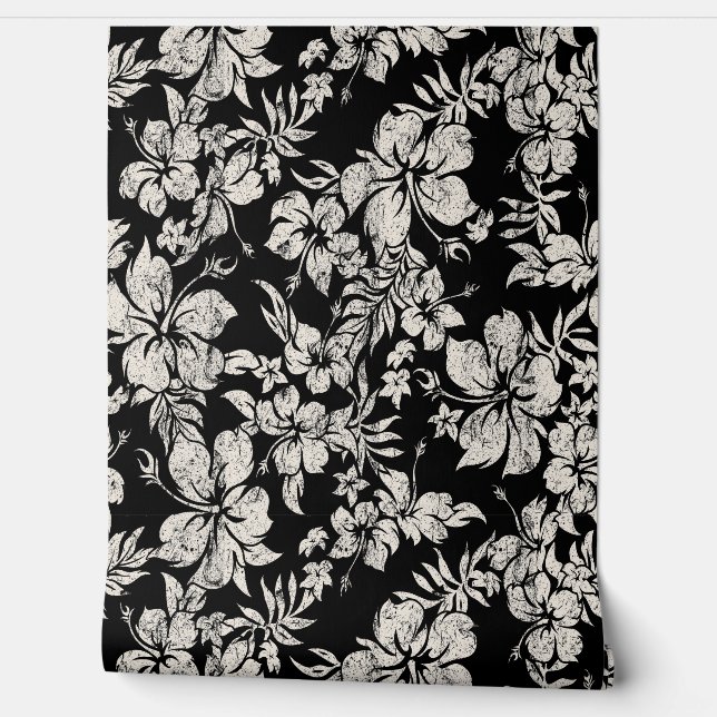 Hibiscus Pareau Distressed Hawaiian - Black Wallpaper (Unrolling)