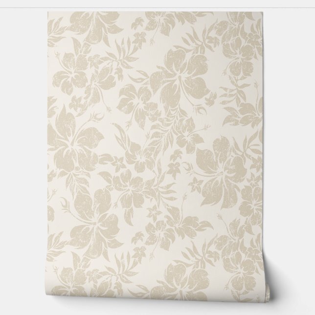 Hibiscus Pareau Distressed Hawaiian  - Cream Wallpaper (Unrolling)