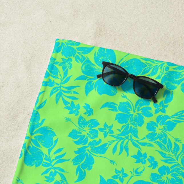 Hibiscus Pareau Distressed Hawaiian Floral- Lime Beach Towel (In Situ)