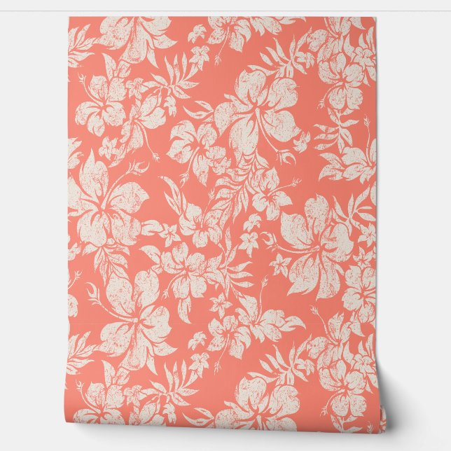 Hibiscus Pareau Distressed Hawaiian - Living Coral Wallpaper (Unrolling)