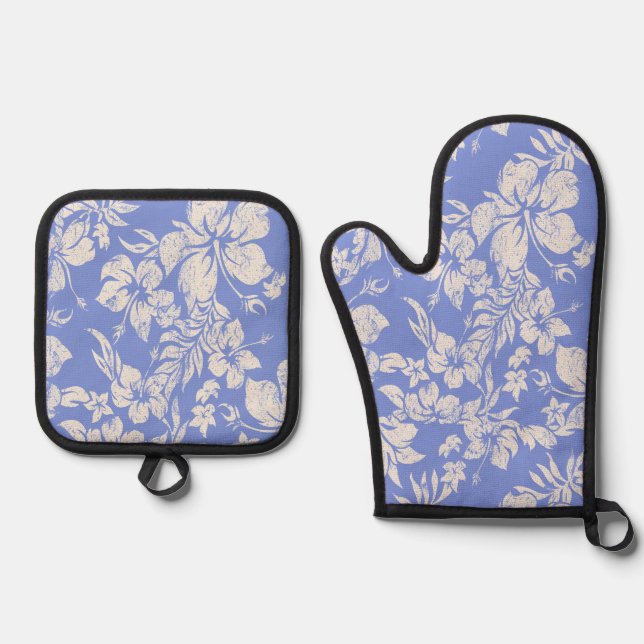  Hibiscus Pareau Distressed Hawaiian Periwinkle Oven Mitt & Pot Holder Set (Front)