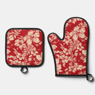Hibiscus Pareau Distressed Hawaiian Red Oven Mitt & Pot Holder Set