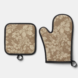 Hibiscus Pareau Distressed Hawaiian Taupe Oven Mitt & Pot Holder Set