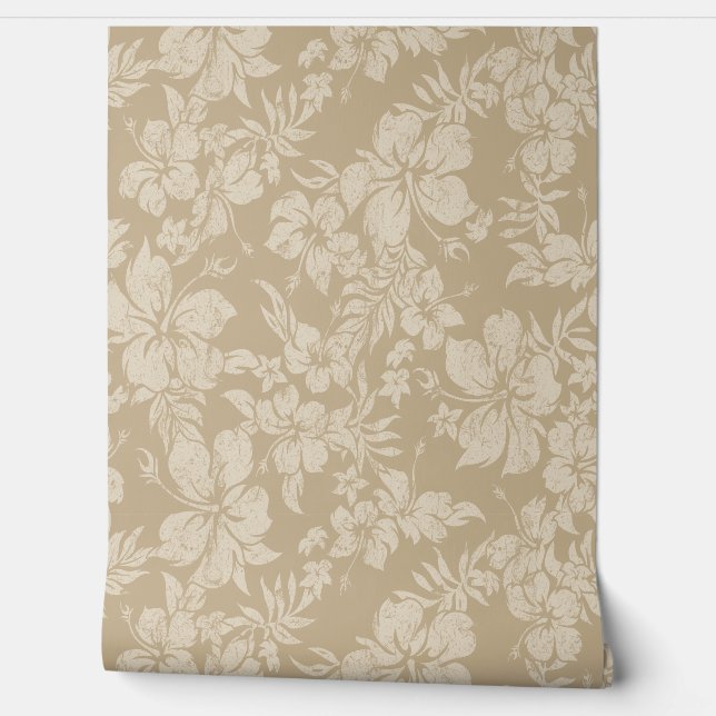 Hibiscus Pareau Distressed Hawaiian  - Taupe Wallpaper (Unrolling)