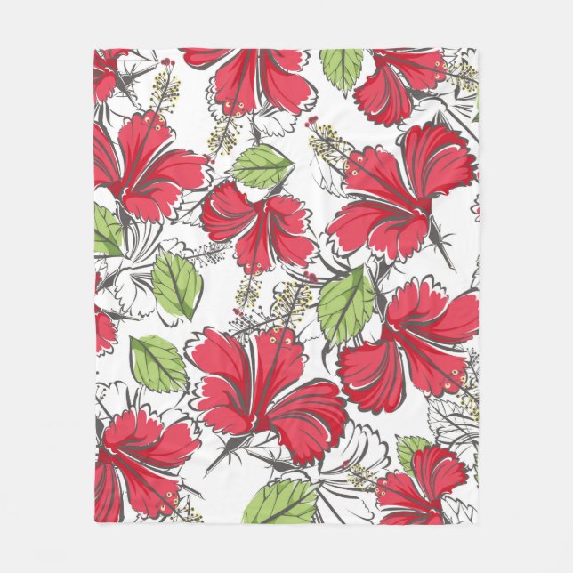 hibiscus pattern with tropical leaves and flowers  fleece blanket (Front)
